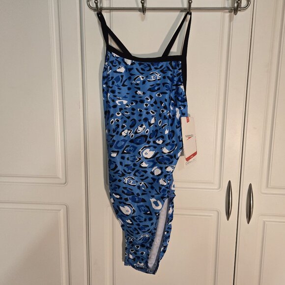 NWT Size 36, Speedo Endurance Women's 1-Piece Swim Suit, Blue, Black, White - Picture 1 of 2